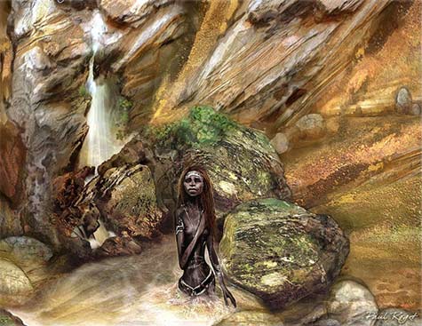Paul-Roget---Tribal-Clensing Painting of an aboriginal girl bathing in a rock pool