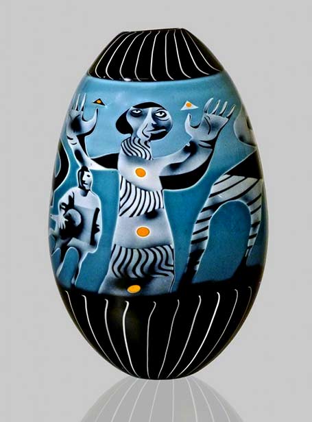 Peter-Hermansson-(Swedish),-Graal-Glass-Vase -- turquoise with abstract figures