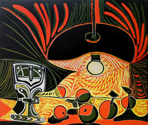 Nature Morte au Verre sous La Lampe Linocut -1962