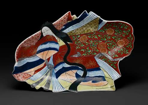 Plate,-Edo-period-(1615–1868),-1760-Japan,-Hizen-Province,-Arita-kiln-Porcelain-decorated-with-the-figure-of-Ononokomachi-in-blue-and-brilliant-enamels---Met