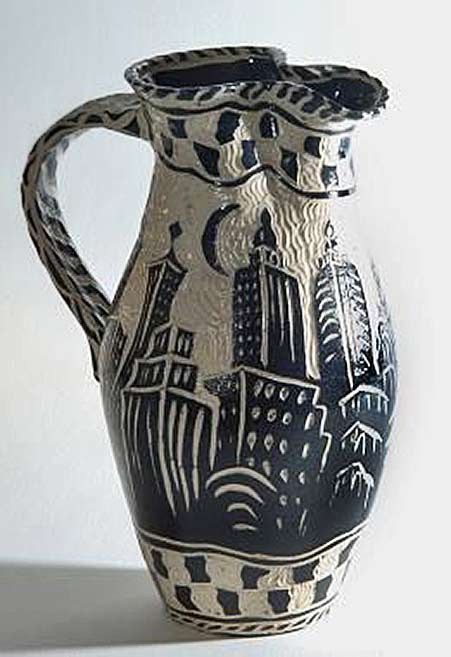 Raine-Middleton sgraffito ceramic skyline jug