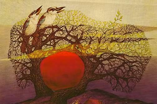 Rainmakers-At-Dawn'-by-Ainslie-Roberts. Two Kookaburrahs in a tree painting