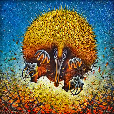 Ainslie Roberts,-,-The-Dancing-Echidna--painting of an airborn Echinda