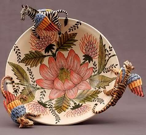 south-of-the-sahara-ardmore-ceramic dish with pink flower motif and zabra, tiger and leopard relief figures
