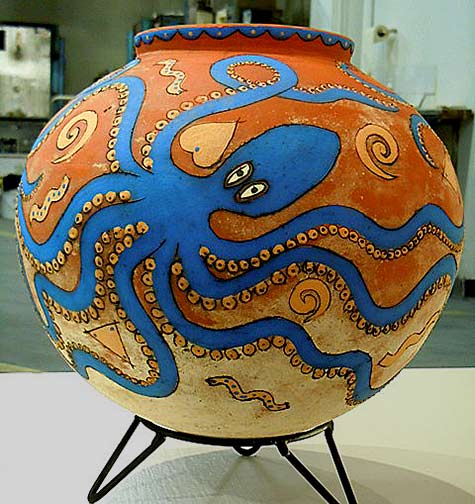 Ceramic mudka pt with blue octopus by Sue-Anderson