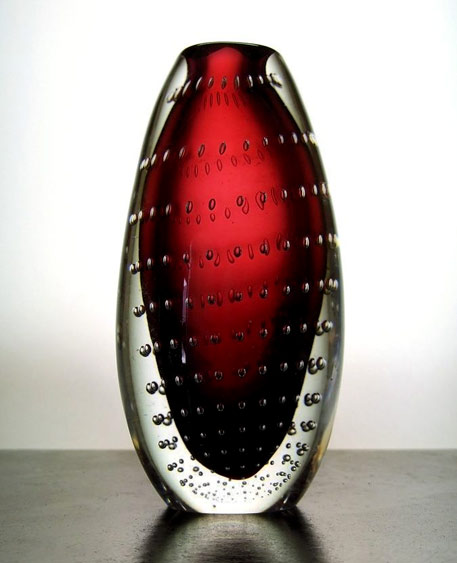 Swedish-crystal-vase-amazing-red1950's -controlled-bubble-vase--