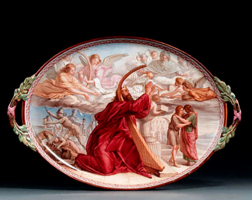 'The Hackwood Tray', an oval two-handled inscribed and dated Furnival pottery tray painted by John Eyre with David the Psalmist