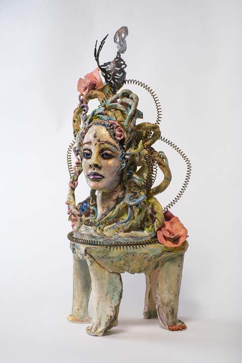 The Medusa as CenTauressMedusa-CenTauress-22-2024-firedceramic-glazes-oxides-gold-leaf-oils-cold-wax-metal