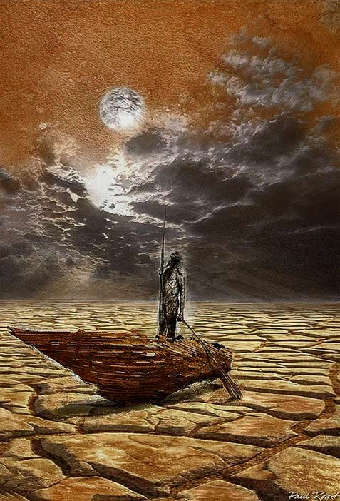The Patient Fisherman---Paul Roget - painting of a man standing in a boat waiting for rain