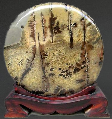 Gohua stone moon-Bonsai-Suseki-gold-forest-in-high-mountain on wooden base