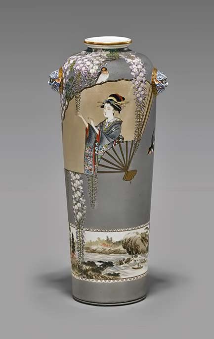 Unusual Kinkozan Satsuma vase with geisha fan motif, earthenware vessel of cylindrical form, with rounded shoulder