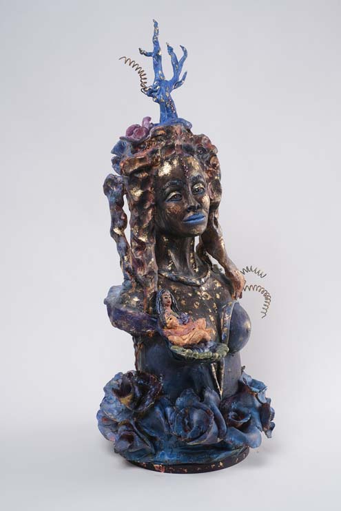 Upon a Bed of Blue Roses We EmbraceUponabedofbluerosesWeembrace-afterFrida-2021-firedceramicoilswax-21x12x12inches-3400