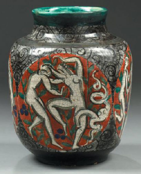 Vase-ball-square-ceramic-decoration-medallions-of-the-birth-of-Venus-and-Bacchae,-polychrome-enamel-background-coral-sections