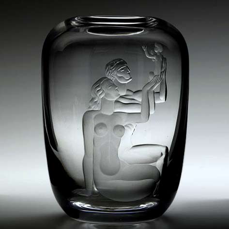 Vicke Lindstrand;-Etched Glass Family Vase for Orrefors,-c1937