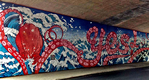 Red octopus yes_mural_Brooklyn_full by Yuko-Shimizu