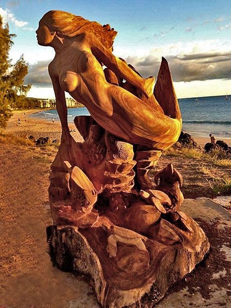 Maui-Mermaid wood carved sculpture with baby turtles