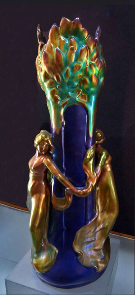 Zsolnay-vase-with-dancing-female-figures and eosin lustre glaze